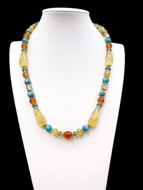 Citrine, Carnelian & Apatite Necklace | Blue Crystal Accents 22” Aprilsplace